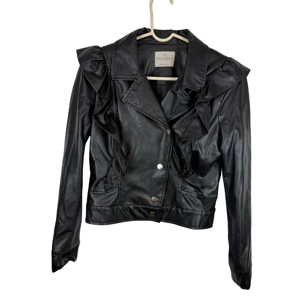 Rinascimento Black Faux Leather Ruffle Moto Jacket Made in Italy Small